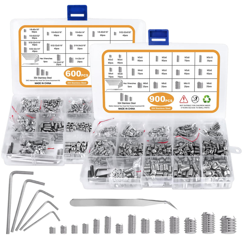 1500PCS Metric & SAE Set Screw Assortment Kit, 32 Size 304 Stainless Steel Internal Hex Allen Grub Head Set Screws for Bathroom Fixtures, Door Handles, Home Repair, Silver, M3-M8, 1/8-40 to 5/16-18 Silver 304 Stainless Steel 1500PCS