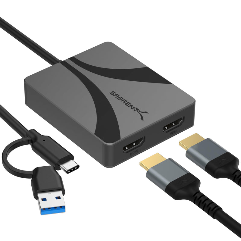 SABRENT USB Type-C/A to Dual HDMI Adapter, 4K@60Hz, Extended & Mirror Modes, Alt Mode + DisplayLink Compatible, Stereo/5.1 Audio, HDCP Support, Aluminum Housing, Plug & Play, (DA-CA2H)
