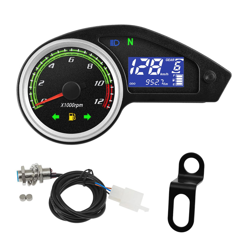 Universal Motorcycle Speedometer Gauge Digital Speedometer for Motorcycle LCD Gauge Cluster MPH Dashboard Speedo Meter with Tach, Odo, Oil Level, Gear