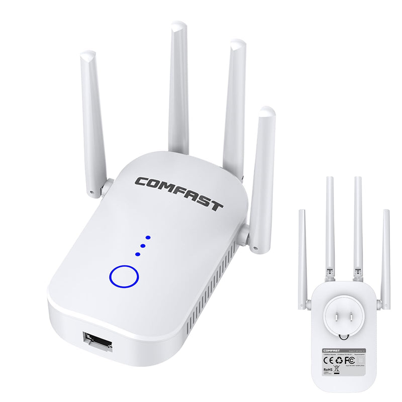 WiFi Extender Signal Enhancer Dual Band 5.8GHz/2.4GHz 1200MMbps Rotating High Gain Four Antennas, Intelligent Signal Light, Supporting Relay/Routing/AP/Bridging Multi-Mode.