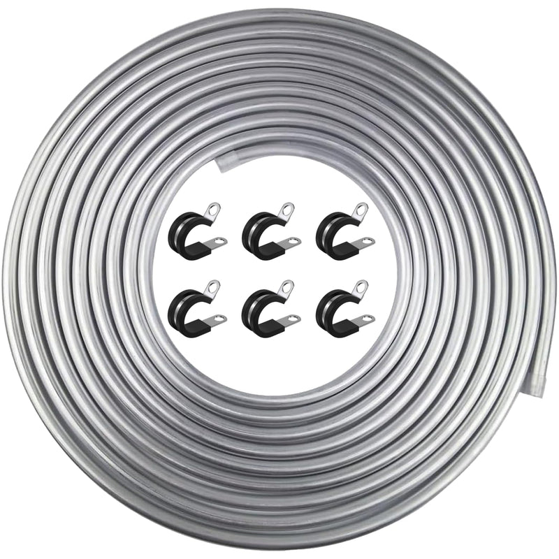 3/8" OD Fuel Line, 25FT Transmission Line, 3003 Grade Aluminium Tubing with 6 Clamps/Holders for Brake Line, Metal Gas Line, Refrigeration Equipment 3/8"OD-25FT
