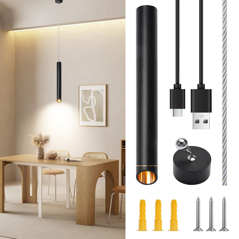 Rechargeable Pendant Lights Fixtures for Kitchen Island, Modern Pendant Light, 6000mAh Battery, 3 Color Dimmable No Wiring Hanging Lights, Adjustable Industrial LED Cylinder Pendant Lamp-Black