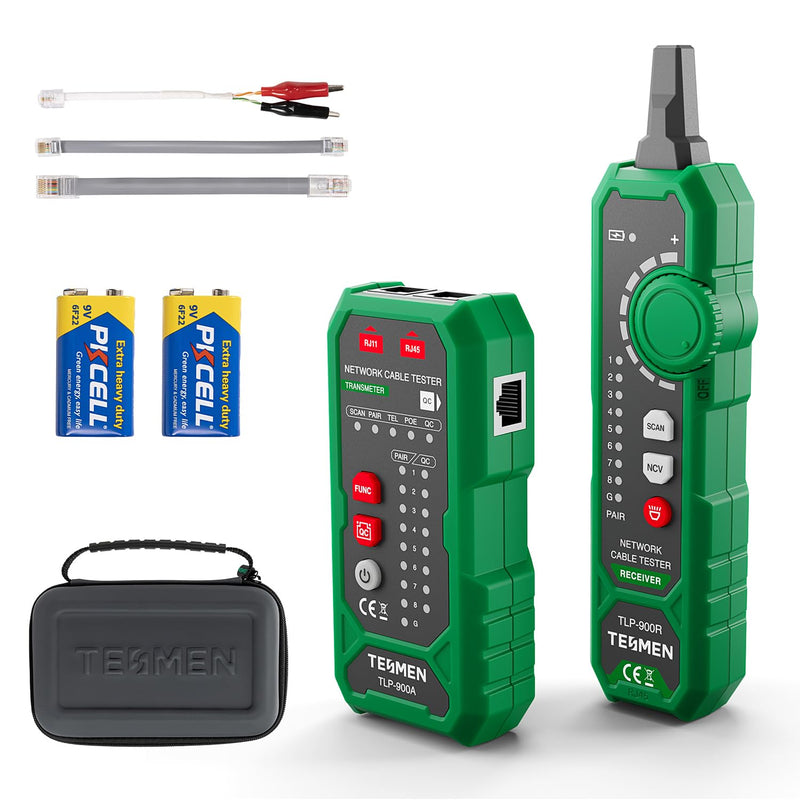TESMEN TLP-900AR Network Cable Tester, RJ11 RJ45, for CAT5/6/POE/STP, Multi-function Cable Tracer with Pairing, Continuity, QC&NCV, Suitable for Ethernet, Telephone, Wire maintenance and sorting-Green Green