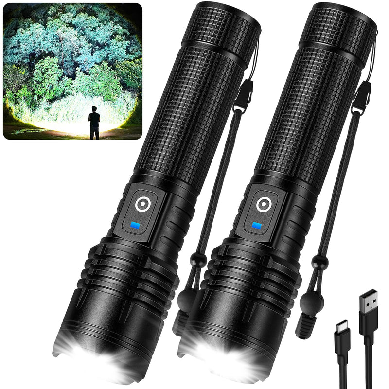 Flashlight Rechargeable LED High Lumens, 99,000 Lumens Super Bright Flash Lights with 5 Modes, Adjustable，Waterproof Powerful Linterna for Home, Camping(2 Pack)
