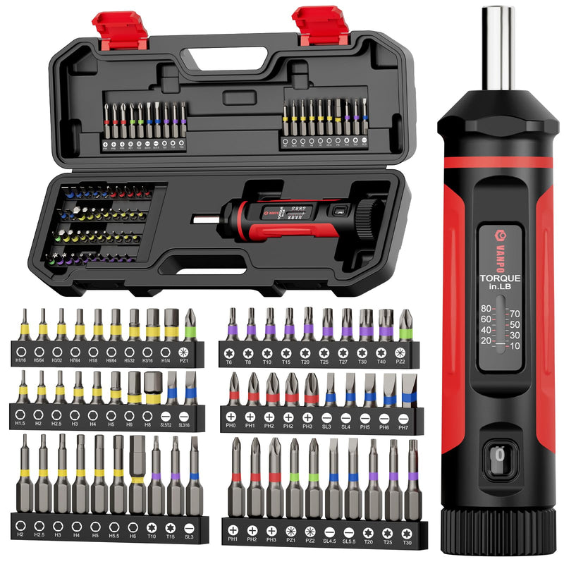 VANPO Torque Screwdriver, 10-80In-lb Torque Screw Driver Wrench Driver Set, 1/4” Drive Inch Pounds Torque Wrench Screwdriver with 60 S2 Bits for Maintenance, Tools, DIY, Bike Repairing and Mounting