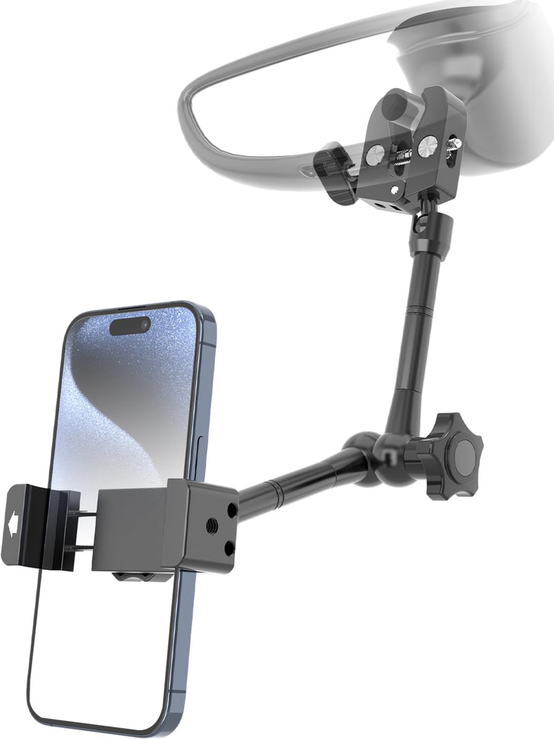 Car Phone Holder, Metal Magic Arm Rear View Mirror Phone Holder, Rotatable Cellphone Mount for Car Rearview Mirror Compatible with 4-7" Mobile Phones, Fit for Car Rearview Mirrors with Tubes
