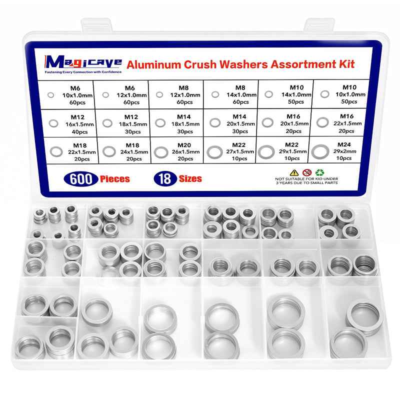 600 Pcs Aluminum Crush Washer Assortment Kit – 18 Sizes Oil Drain Plug Gasket Assortment, Drain Plug Washer Kit for Automotive Oil Pan Repair (M6 to M24) 600PCS (M6-M24)