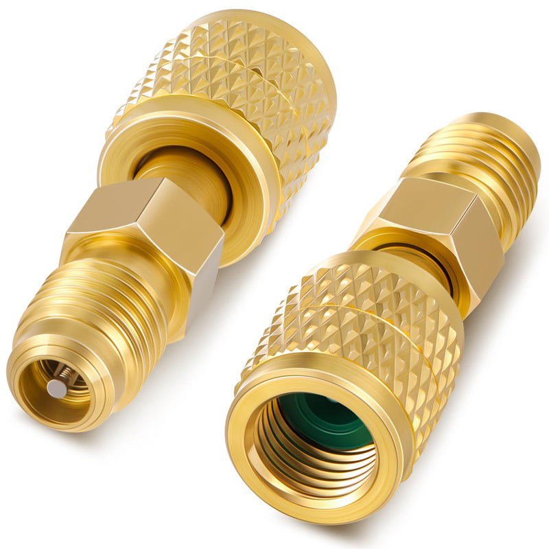 2 Pcs R32 R454B Refrigerant Brass Adapter 1/4" Female to 1/4" Male Reverse Thread Adapter Heavy Duty HVAC Quick Connect Fittings Low Loss for R32 R454B Refrigerant Tanks Mini Split Systems 2