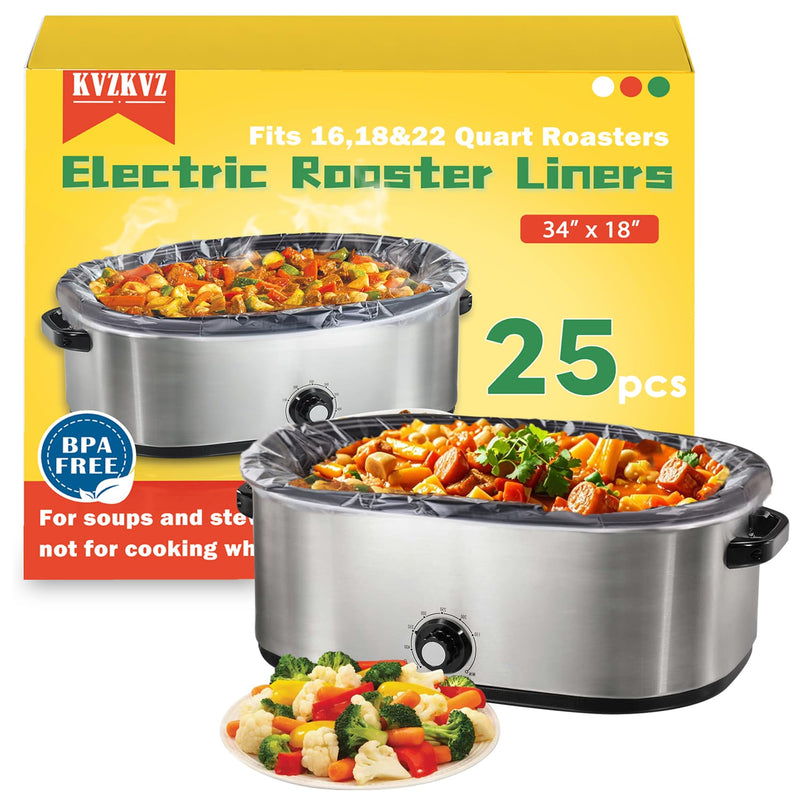 25 Count Electric Roaster Liners, Not Suitable for Baking, 34" × 18" Roaster Liners Disposable, Fits 16, 18, and 22 Quart, Up to 350° F, High Temperature Resistant Stew Cooking Bags, Food Grade Nylon 25