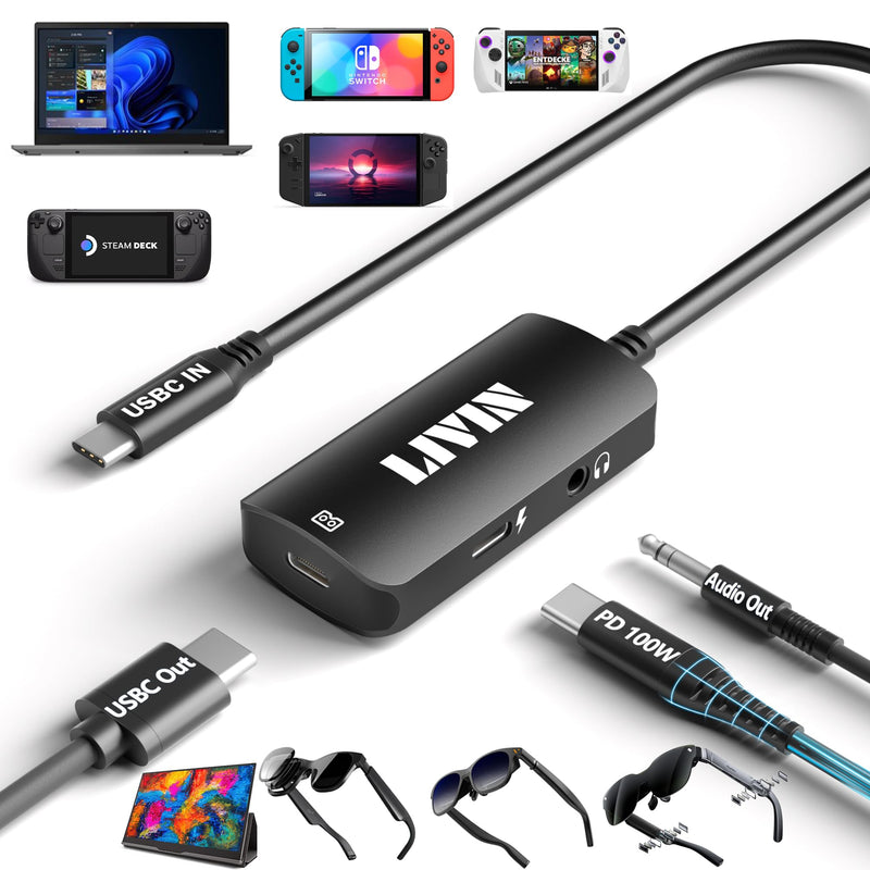 LIVIN USB C to Portable Monitor、AR Glasses XREAL One、Air 2 Pro/VITURE Pro/RayNeo Air 2s、3s/Rokid,【4K@60Hz+PD 100W+Audio 3.5mm】,USB C to Type C Adapter iPhone15/16、Android、PC、Switch、Steam Deck、Rog Ally