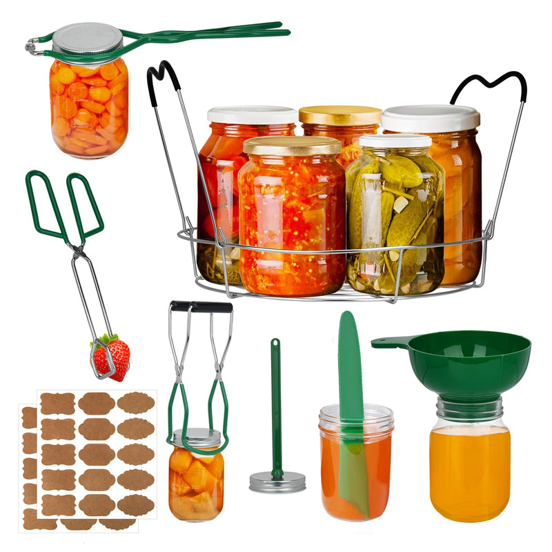 Canning Supplies Boxed Set, Canning kit, Stainless Steel CanningSet, Canning Supplies Starter kit, Jar Lifter, Folding Rack, Tongs, Multifunctional Canning Tools, Funnel for Mason Jars 7pack with label Green