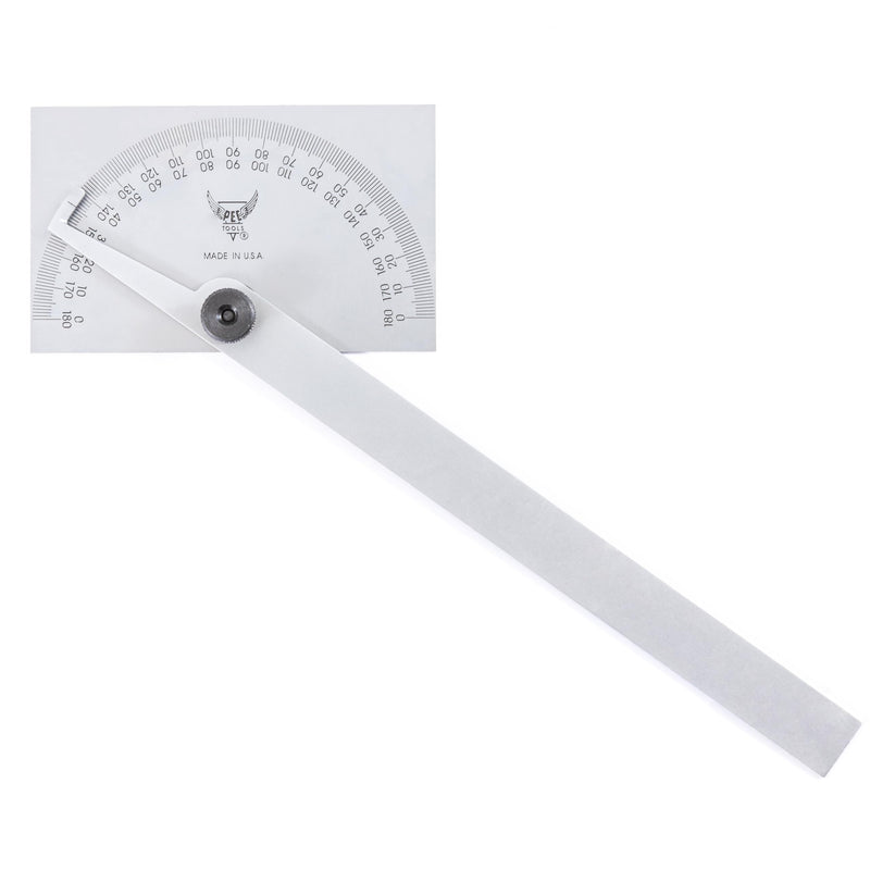 PEC Tools Stainless Steel Angle Protractor with Double Graduation - Ideal for Drawing Radial Lines, Setting Bevels, Transfer Angles, 6" Blade Length, 0-180 Range, Rectangular Head, Made in USA 5170SS