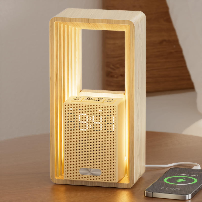 Sunrise Alarm Clock with Wake-Up Light: Dual Alarm White Noise Sound Machine with USB Charger, 9 Sleep Aids, Dimmable Display, Auto Timer, Ideal Night Light for Heavy Sleeper, Kid, Bedroom Wood grain color