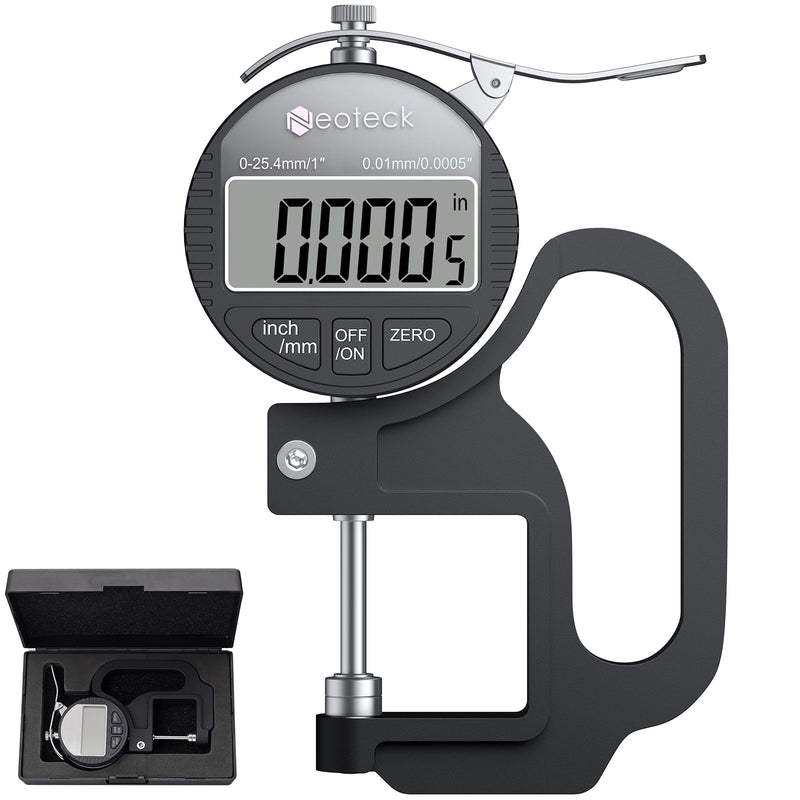 Neoteck Digital Thickness Gauge 1inch/25.4mm,0.0005inch/0.01mm LCD Display with Inch/MM Conversion One-Hand Quick Press Thickness Measuring Tool for Leather Paper Fabric Film etc.-Silver-Black 0-1"/0.0005" Silver-black