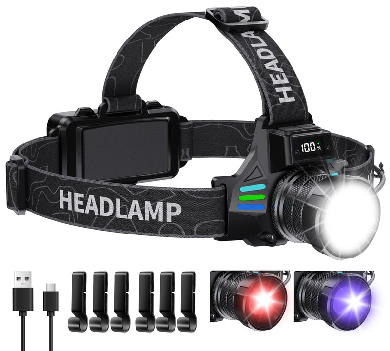 Headlamp Rechargeable with White/Red/UV/Black Light Headlight,1080 High Lumens Super Bright LED Headlamps Battery Powered,16 Modes Waterproof Head Lamp for Hardhat Hunting Pet Urine Detection Blue