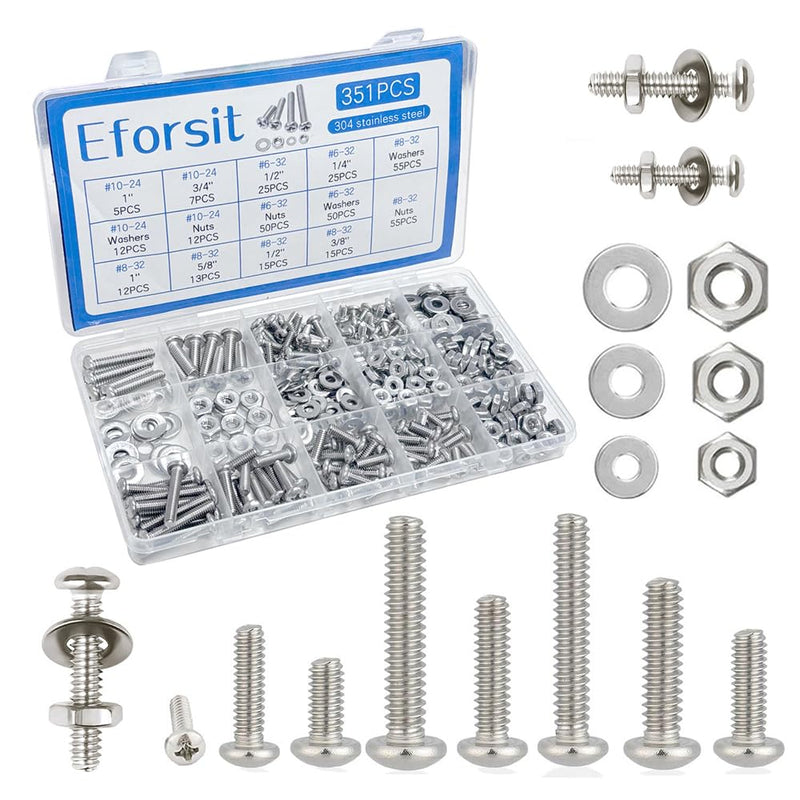 351Pcs Machine Screw 304 Stainless Steel Nuts and Bolts (M3/M4/M5)#6-32#8-32#10-24 Assortment Kits Nuts Phillips Pan Head Bolts, Washers 351Pcs