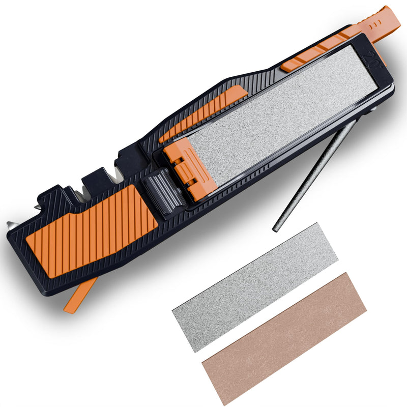 8-in-1 Pocket Field Knife Sharpener – Guided Diamond Whetstones, Diamond Rod, Leather Strop, 2 Sharpening Slots, Fire-Starter Ferro Rod & Whistle – Outdoor, Yard, Camping by Orange Ninja