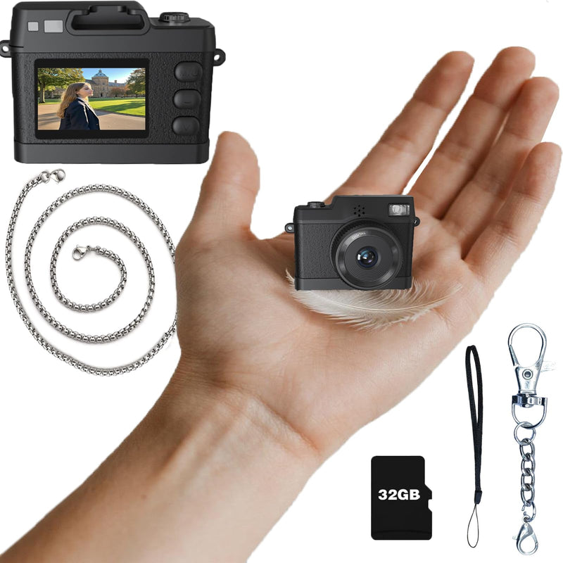 Mini Keychain Camera, Mini Digital Camera, 1080P Retro Camera with 32GB Card, Wide Angle Lens, LED Flash Light, Nostalgic Photos, Great Gift Idea, Black (Black)