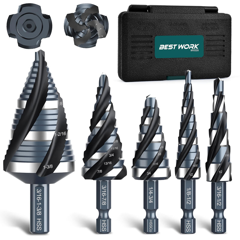 Four Spiral Flute Step Drill Bit Set, 1/8"-1-3/8" (59 Sizes), 5PCS High-Speed Steel Unibit Step Bits with 1/4" and 3/8" Hex Shank for Stainless Steel,Metal,Aluminum,Wood,Plastic HSS 5 Piece(Black)