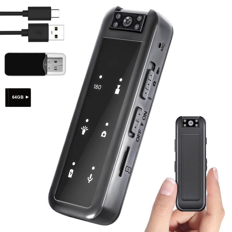 64GB Mini Body Camera,1080P Wearable Patrol Video Recording Camcorder with IR Night Vision, 5-Hour Battery & 180° Rotating Lens – Small Wearable Cam for Security, Police, and Outdoor Use