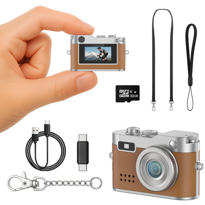 Mini Retro Camera with 1080P Video, 12MP Photos, Keychain Digital Camera, Ultra-Compact Tiny Camera with 32GB SD Card, OTG Adapter, Vintage Little Cameras for Travel, Daily Vlogging (Brown) Brown