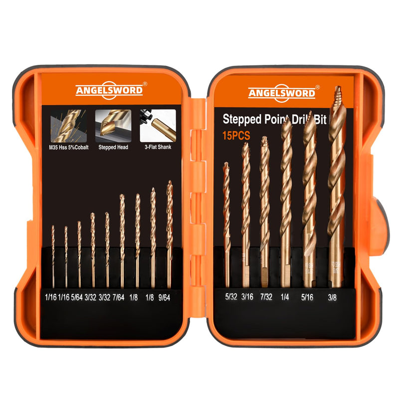 ANGELSWORD M35 Cobalt Stepped Point Tip Drill Bit, 15 PCS(1/16"-3/8"), Titanium Coated Drill bit, for Steel, Cast Iron, Aluminum, Brass, Acrylics B. 15PC | 1/16"-3/8" M35 STEPPED SET