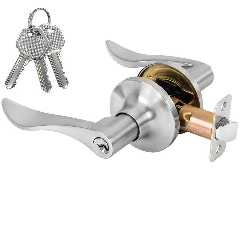 Keyed Entry Door Lever, Door Handle with Lock and Key, Exterior ＆ Interior Door Handle for Bedroom, Wave Style Lever Satin Nickel, Reversible for Left/Right 1 Pack