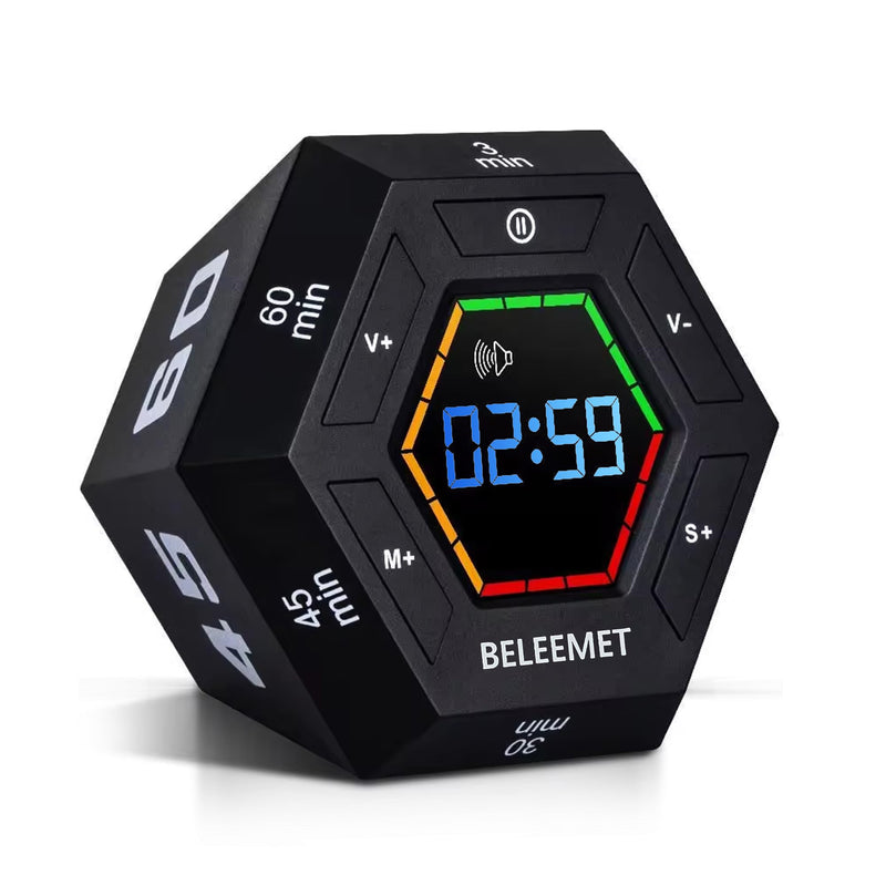 Pomodoro Timer,Hexagon Cube Magnetic Flip,ADHD Tools for Adults/Kids Task Timer for Office, Study, Exercise, Meditation,3/5/15/30/45/60min&Custom Digital Countdown, Adjustable Sound,Black