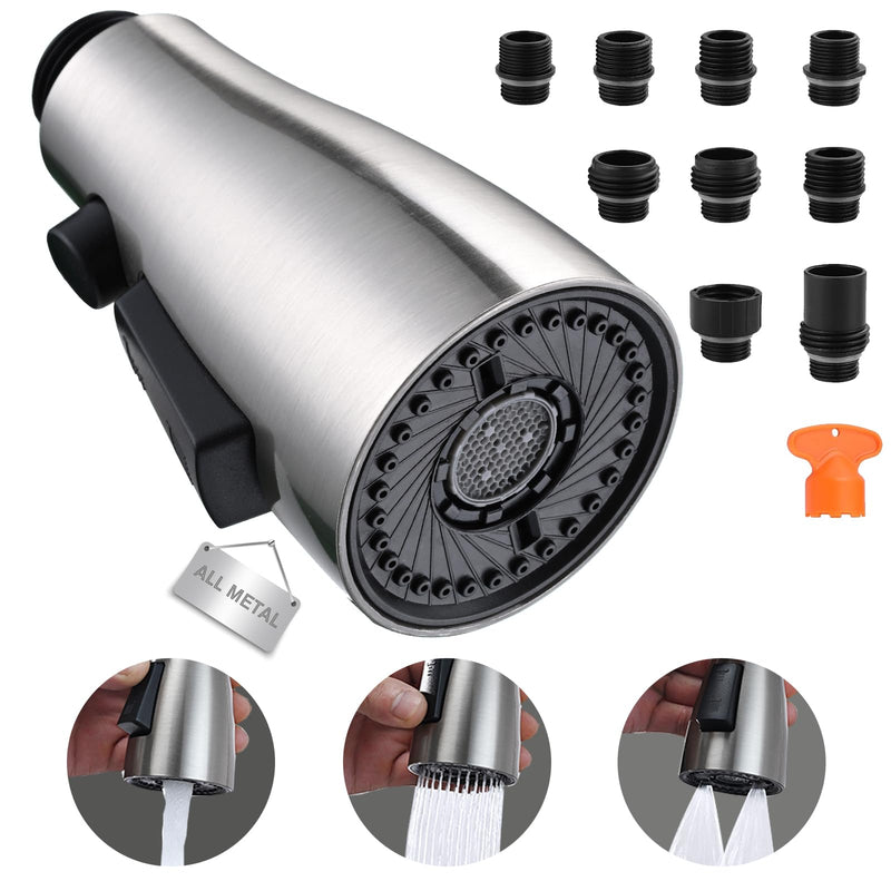 Metal Kitchen Faucet Head Replacement, 3-Function Pull Down Spray Head for Kitchen Faucet, High Pressure Sink Spray Nozzle with 9 Adapters Compatible with American Standard, Brushed Nickel