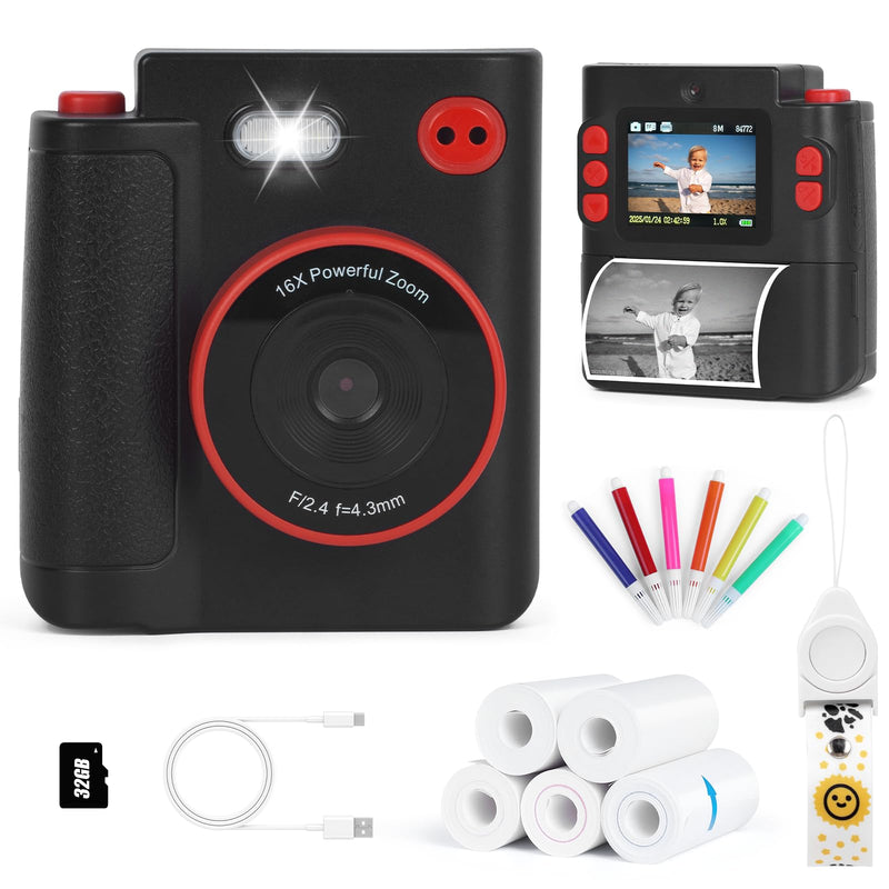 Kids Camera Instant Print, 1080P HD Dual-Lens Selfie Digital Camera with 5 Printing Paper Rolls & 32G TF Card, for Children, Portable Toddler Toy for Age 3-12 Boys & Girls (Black) Black