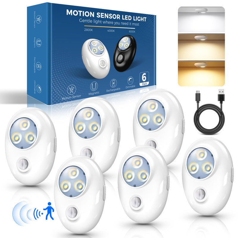 LED Motion Sensor Puck Lights Rechargeable with 3 Color Temps, Dimmable, Wireless, Magnetic and Stick On, for Under Cabinet Closet Lighting, Night Light, Locker, Stair, Kitchen, Shelf