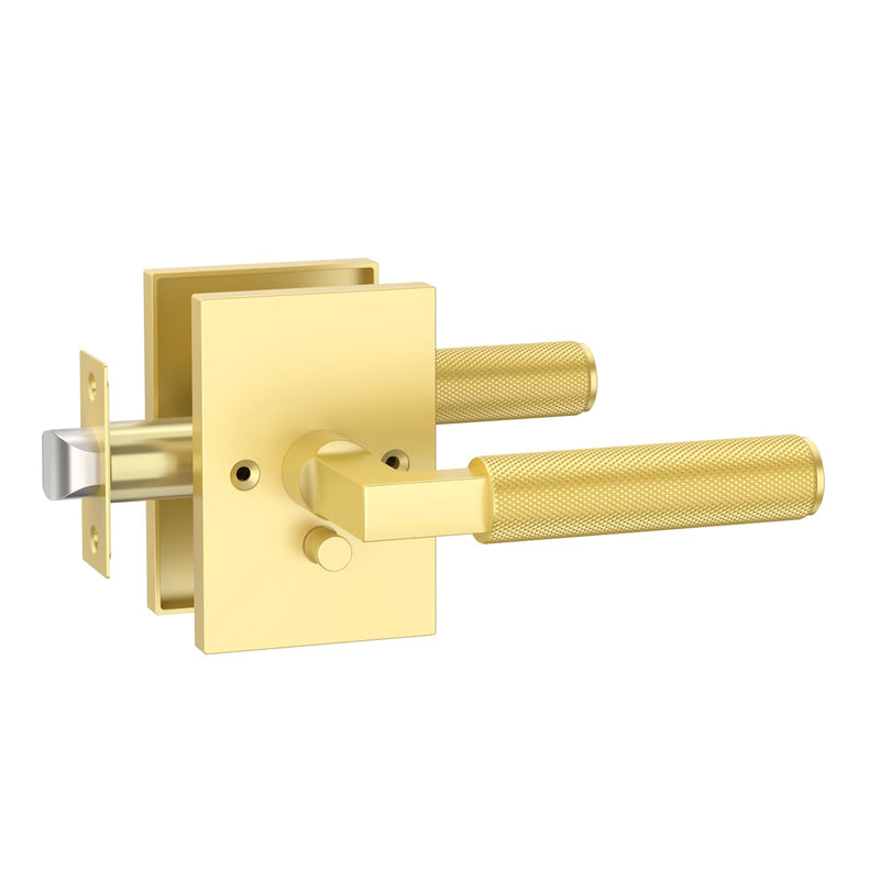 Amerdeco 1 Pack Brushed Gold Privacy Door Handles, Brush Brass Door Handles Interior,Knurled Gold Door Lever, Heavy Duty Bedroom and Bathroom with Lock,Reversible Keyless for Right & Left Side AM0032