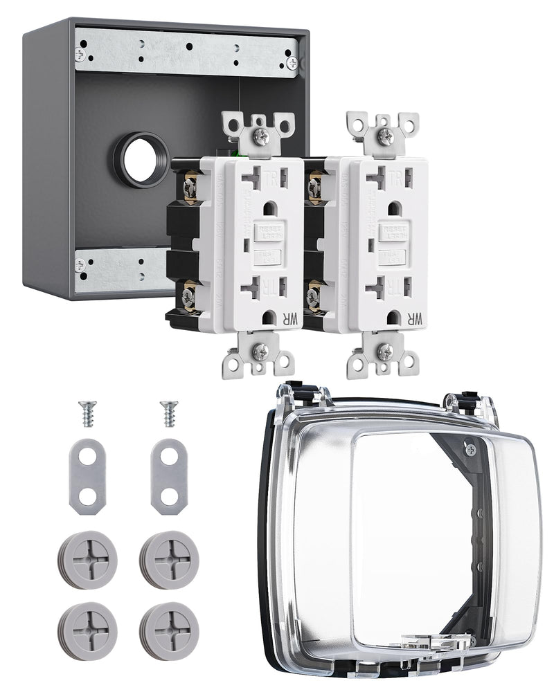 DEWENWILS 20A Outdoor Outlet, Heavy Duty GFCI Outlet Kit with Self Test, WR/TR, NEMA 5-20R Outdoor Electrical Box for Garden, Yard, Sports Field, White Dual 20A