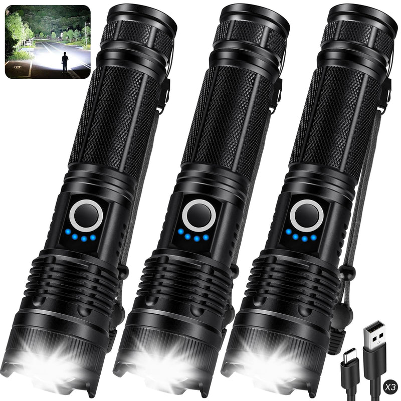 KINGCAESAR 3 Pack Flashlights 990000 High Lumens - Super Bright Rechargeable Flashlight with 5 Light Modes, IPX7 Waterproof Powerful LED Flash Light for Home, Camping