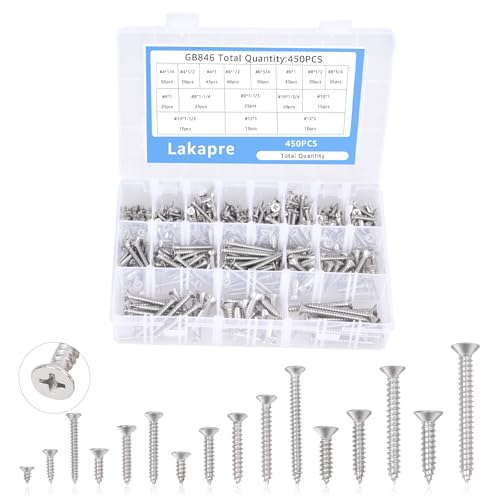 450Pcs Stainless Steel Wood Screws Assortment Kit Screw Self Tapping Screws Phillips Flat Head Self-Tapping Screws