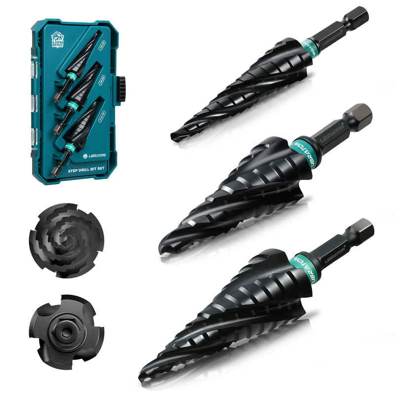 LIBRATON Four Spiral Flute Step Drill Bit, M35 Cobalt Unibit Step Drill Bit Set 1/8"-7/8", AlTiN Coated Step Bits, Four Spiral Flute, 1/4" Hex Shank for Metal, Stainless Steel, Aluminum, Plastic, 3PCS 1/8" - 7/8" (3pcs Set)