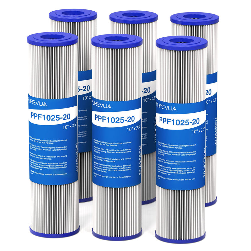 6-Pack 20 Micron Pleated Water Filter Cartridge, 10" x 2.5" Washable & Reusable PET Sediment Filter for Well Water & Whole House Pre-Filter, Compatible with WFPFC3002, WHKF-WHPL, AO-WH-PRE-RP2 6 Count (Pack of 1)