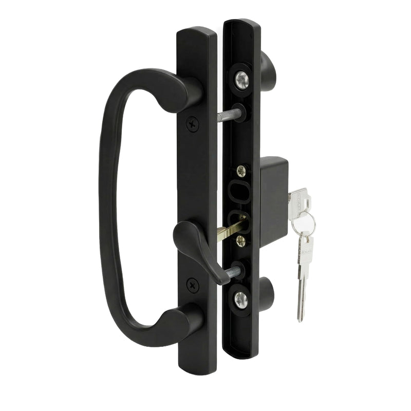 8.5" Legacy Sliding Patio Glass Door Offset Latch Black Handle Set with Keys - Sash Controls 2265 Keyed Lock - Fits 3-15/16" Screw Hole Spacing and 1-1/4" to 2-1/4" Door Thickness