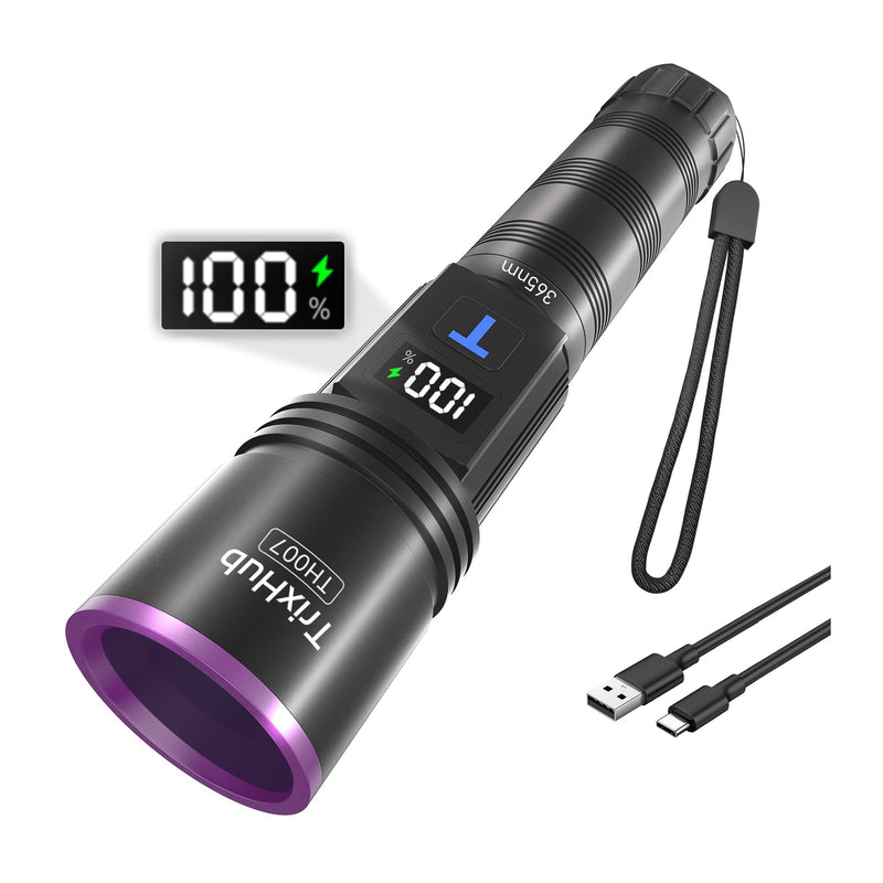 365nm Black Light Flashlight, UV Flashlight Rechargeable with LCD Display, Powerful Ultraviolet Lights for Pet Urine Detection, Resin Curing, Rockhounding, Scorpion, Uranium Glass, A/CLeak