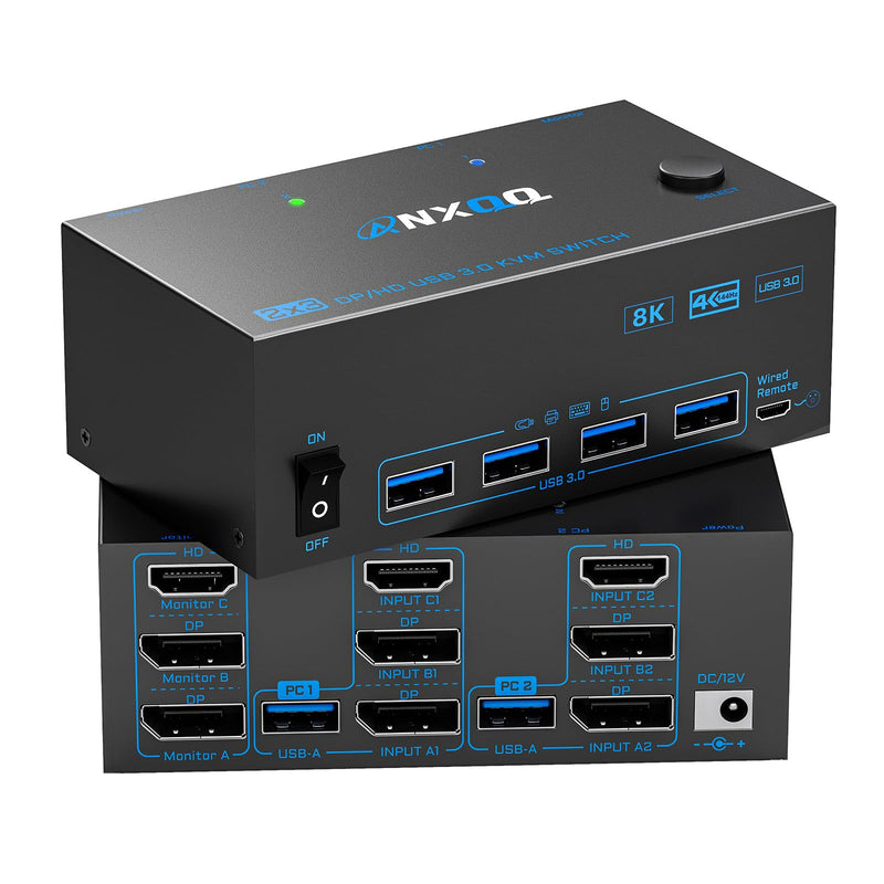 3 Monitors 2 Computers KVM Switch, Reyoten 8K KVM Switches,3 Monitors 2 Computers HDMI DP Switch, 4K Switch for 2 PCs Share Monitor Keyboard Mouse Printer with 2 USB Cables, Power Adapter 2 PC 3 Monitors KVM