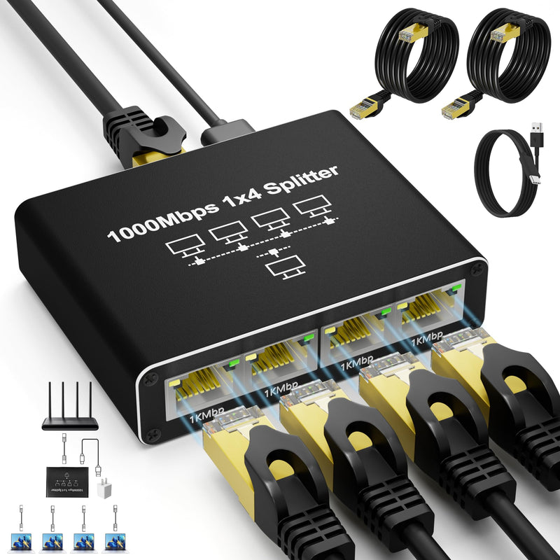 Ethernet Splitter 1 to 4, Kit with 2 LAN Cable Cat6, 1000Mbps High-Speed RJ45 LAN Splitter Adapter to Connect 4 Devices Simultaneously, USB Powered RJ45 Network Extension for Cat8/7/6/5e/5 Cable 4 Port | with 2x 6.6ft LAN Cables