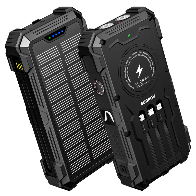 Solar Charger Power Bank, 42800mAh Wireless Portable Charger with USB-C in/Output, QC3.0 Fast Charging 15W 4 Ports Outdoor Battery Pack Built-in Dual Led Flashlights for iPhone Samsung etc Deep Black