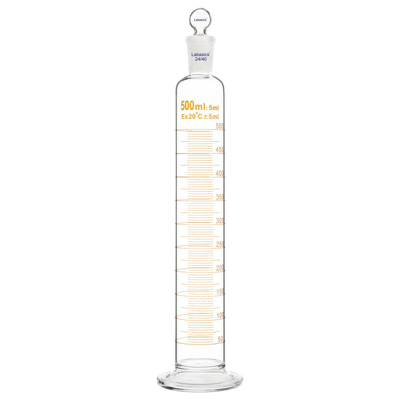 Labasics Graduated Cylinder with Stopper, 500 ml Borosilicate Glass Measuring Cylinder with 24/40 Standard Ground Joint Stopper, Durable Laboratory Glassware for Accurate Liquid Measurement