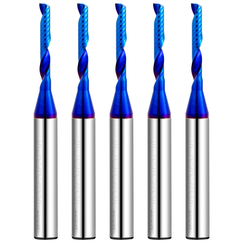 O Flute Upcut Spiral Rouer Bit,Carbide Single Flute End Mill 1/4"Shank,1" CL. 2-1/2"OVL Coated CNC Router Bit for Acrylic Aluminum Wood Cut Plastic PVC MDF (5, 1/8"D-3/4"CL-1/4"SHK*2-1/2L) 5
