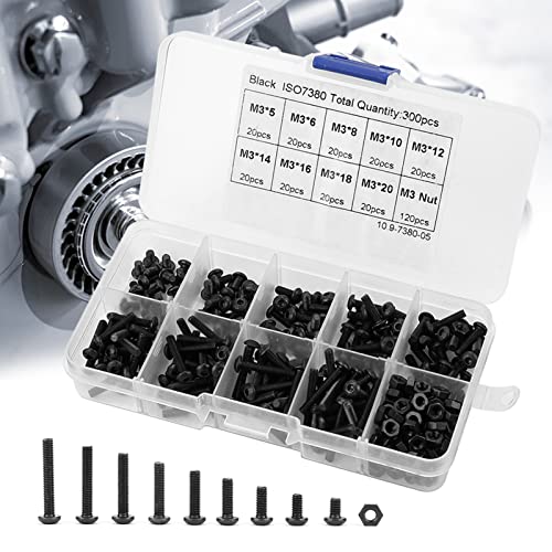 M3 Black Button Head Hex Socket Screw Bolt Nut Assortment Kit, 10.9 Grade, 300 Pieces with Strength, for Home Office Appliance