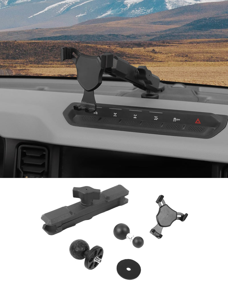 Dashboard Phone Mount Holder for 2021-2025 Ford Bronco Accessories 2/4 Door, 360° Adjustable Operation Rotates Vertical and Horizontal Aluminum Car Phone Holder Black Y