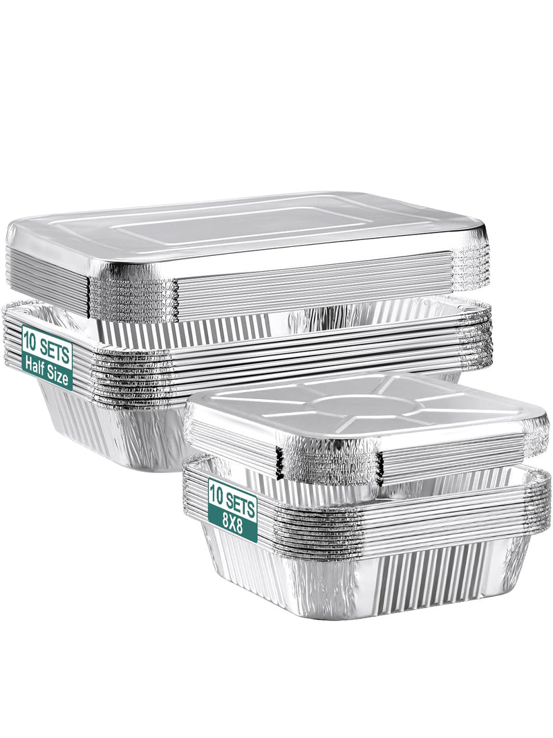 NEEBAKE 20 Set Disposable Aluminum Pans with Lids Assorted Sizes - 10 Large 10.25x12 Foil Pans Half Size & 10 Small 8x8 Tin Foil Baking Pans, Tin Trays Containers for Meal Prep, Food Cooking, Roasting