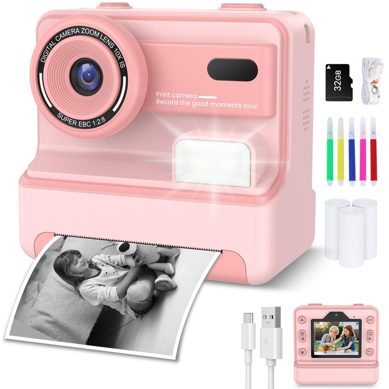 Kids Camera Instant Print, Dual-Lens Selfie Camera for Kids with 1080P Videos, 2.4 Inch Screen, 32GB SD Cards & 3 Rolls Print Paper, Christmas Birthday Gifts for Girls Age 3-12 Pink