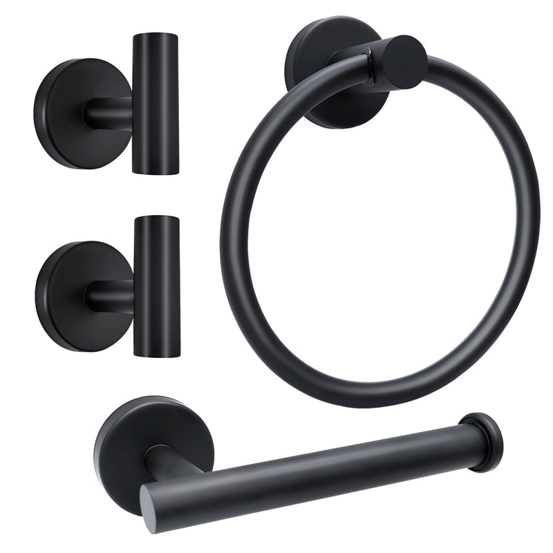 Matte Black Bathroom Hardware Set - Stainless Steel Wall-Mounted Toilet Paper Holder, Towel Ring & 2 Handy Hooks for Modern Bathroom Accessories | Rust-Resistant Towel Hook Set with Easy Installation 4PCS-SET