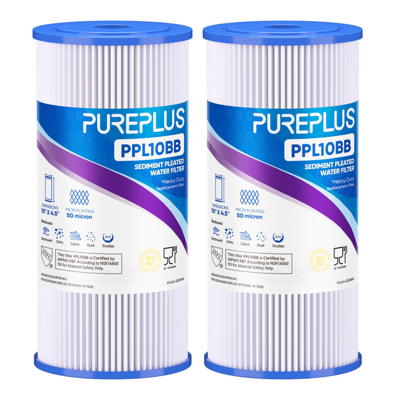 PUREPLUS 50 Micron 10" x 4.5" Extra Coarse Pleated Sediment Filter for Well Water, Replacement Cartridge for GE FXHSC, Culligan R50-BBSA, Pentek R50-BB, DuPont WFHDC3001, W50PEHD，GXWH40L, 2Pack 2 Count (Pack of 1)